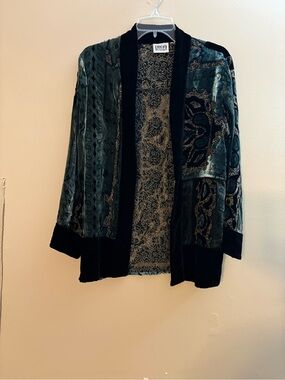 Chico's Teal Green and Black Velvet Open CardiganSize 1